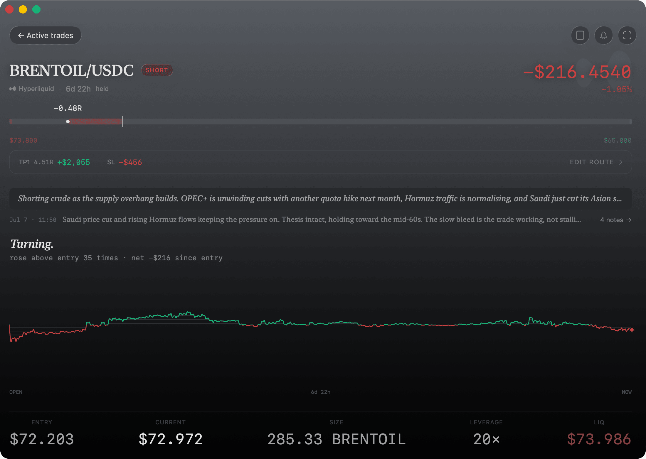 A holding in detail: the route from stop to target, the thesis at entry, the day's note, and the equity curve since open