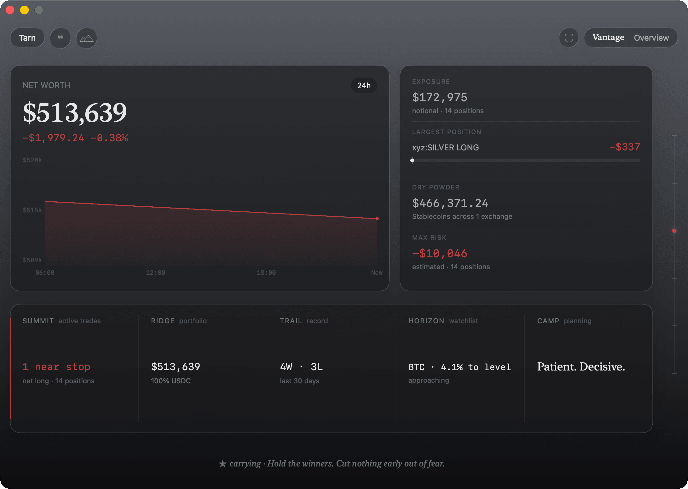 Tarn Vantage — a portfolio overview in one macOS desktop window: net worth, exposure, dry powder and max risk across the top, the six elevations laid out below.